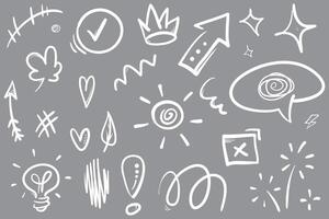 Collection of hand drawn cartoon expression marks doodles, curved arrow signs, emoticon effect design elements, cartoon character emotion symbols, cute decorative brush stroke lines. gray background vector