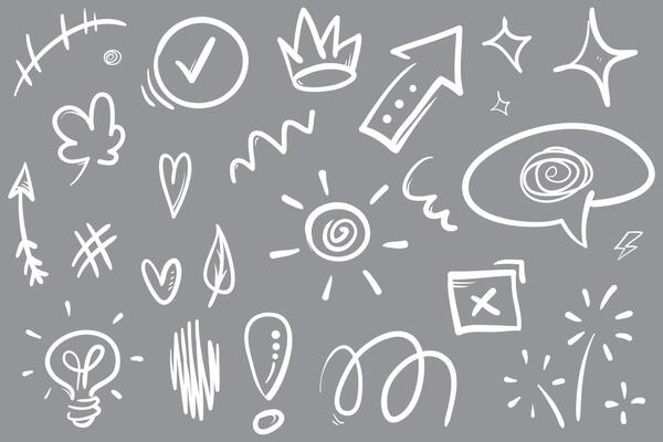 Collection of hand drawn cartoon expression marks doodles, curved arrow signs, emoticon effect design elements, cartoon character emotion symbols, cute decorative brush stroke lines. gray background