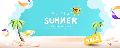 Summer web banner poster with podium and summer beach scene design background vector