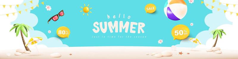 Summer web banner poster with summer beach scene design background vector