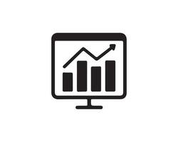 Black line drawing icons of line graphs and bar graphs displayed on a computer screen design vector