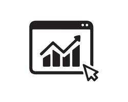 Data analysis icon with magnifying glass and chart in black and white line art design. vector
