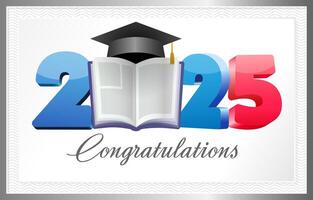 Class of 2025 graduating congrats. Educational awards of 2025 certificate template. 3D graphic elements vector
