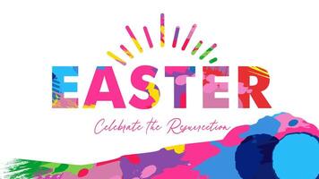 Easter Sunday morning service invitation colorful design with empty cave and rolled away stone. Church banner vector