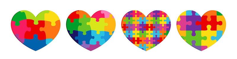 Set of artistic coloured hearts with puzzles in the backdrop and isolated clipping mask. Cute colorful concept. Clip art collection. Educational icons. 3D cut paper template. Rug design. T shirt sign vector