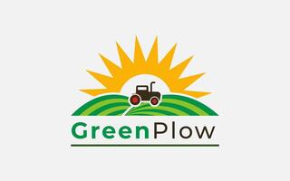 Farming Logo Design With Land Or Field, Tractor And Sun Combination. vector