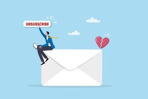 Unsubscribe email exit from mailing list, cancel subscription button, remove or leaving marketing email, delete or rejection concept, businessman working with computer laptop push unsubscribe button. vector