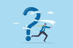 Problem solution, solve question mark, uncertainty or confusion, advice decision or challenge to overcome issue, trouble or difficulty concept, businessman cut question mark metaphor of resolution. vector