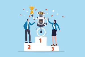 Robot Artificial intelligence winning, working together with AI, innovation to help success, AI to replace people in office work, AI robot winning holding champion trophy with human competition. vector