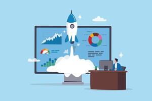 Start online business, website analytics, building internet e-commerce, marketing optimization dashboard chart diagram, smart online strategy, businessman working with computer launch website rocket. vector