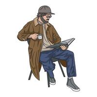 bearded man sitting while reading a book and holding a cup of coffee vector