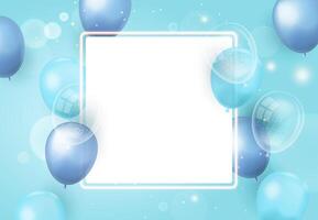 Blue background with square blank frame in the middle with blue, light blue, transparent balloons vector