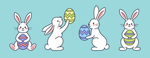 Easter character set. Bunny, rabbit, hare holding with painted egg. Flat design outline illustration. Easter character icon, mascot, sticker. Happy Easter concept collection vector