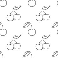 Cherry fruit seamless pattern. Single line illustration. Line art double Cherry. One line Cherry texture. Outline fruit isolated on white background. Textile, fabric, texture design vector