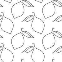 Lemon with leaf fruit seamless pattern. Single line illustration. Line art lemon. One line lemon texture. Outline fruit isolated on white background. Textile, fabric, texture design vector