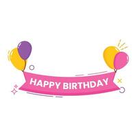 This is a festive flat-style illustration featuring a pink ribbon banner with the text HAPPY BIRTHDAY vector