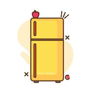 The image shows a cartoon illustration of a refrigerator. The refrigerator is yellow with a brown line separating the freezer compartment vector