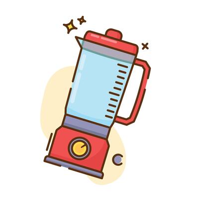 The image shows a cartoon illustration of a blender. The blender has a red base with a round yellow button and a light purple trim.