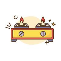 The image shows a cartoon illustration of a two-burner gas stove. The stove has a yellow body with a red outline and base. vector