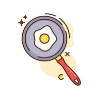 The image shows a cartoon illustration of a frying pan with a fried egg inside. The frying pan is round with a light purple or gray interior and a brown rim. vector