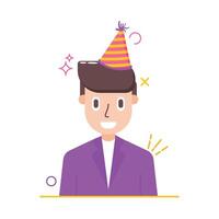 This illustration features a smiling man wearing a party hat, representing celebration, joy, and a festive mood. vector