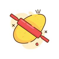 The image shows a cartoon illustration of a red rolling pin rolling out a yellow piece of dough. vector