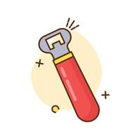 The image shows a cartoon illustration of a bottle opener. The bottle opener has a red handle with a yellow band near the top. vector