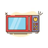 The image shows a cartoon illustration of a microwave oven. The microwave has a red body with a lighter red door that feature vector