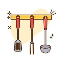 The image shows a cartoon illustration of three kitchen utensils hanging from a yellow rack. The rack is a simple horizontal bar. vector
