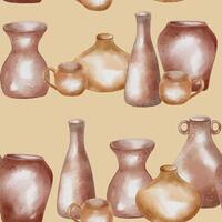 Tableware ceramic handcrafted hand drawn in natural tone watercolor seamless pattern isolated. Pottery various shape and size stand in a row. Ornament design with jugs for textile, package. vector