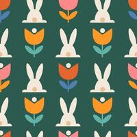 Spring seamless pattern with abstract flowers and bunny. vector