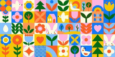Geometric spring seamless pattern with flowers. vector