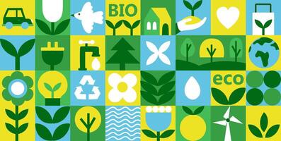 Geometric seamless eco pattern. Mosaic background with flowers, plants and simple shapes in Bauhaus style. Abstract eco concept. vector