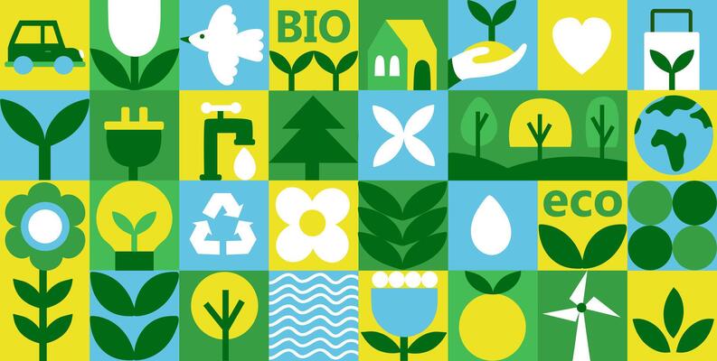 Geometric seamless eco pattern. Mosaic background with flowers, plants and simple shapes in Bauhaus style. Abstract eco concept.