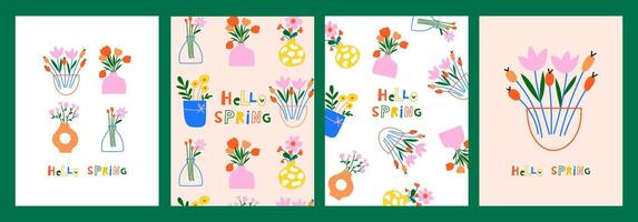 Spring card set with flowers in vase. vector