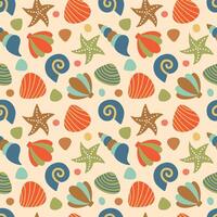 Marine seamless pattern. Shell, starfish. Cute illustration for packaging, wrapping paper, fabric, background, cover. Summer colorful pattern vector