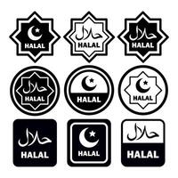 Halal food stamp set. Nine elements for halal products, icons with Arabic script, crescent and star. Each element is isolated. illustration for logo, emblem, sticker, stamp vector