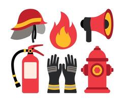 Firefighting elements set. Fire extinguisher, hydrant, fireman's helmet, loudspeaker. illustration of fireman tools vector