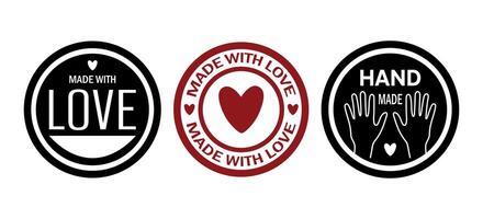 Handmade, made with love stamps, stickers set. Three isolated round elements. illustration for handmade products vector