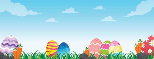 Easter eggs cartoon on meadow green grass banner. Spring lawn with painted egg and flowers. Happy easter banner background vector