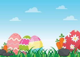 Happy Easter Egg on Meadow Background Banner. Modern Happy Easter Background With Colorful Eggs And Spring Flower. Template Easter Greeting Card vector