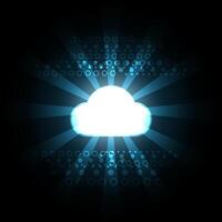 Digital Cloud An illustrative depiction of a radiant cloud emanating beams of light against a dark backdrop, symbolizing the expanse of digital connectivity. vector