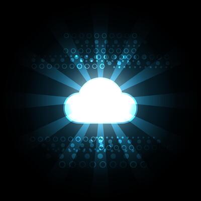 Digital Cloud An illustrative depiction of a radiant cloud emanating beams of light against a dark backdrop, symbolizing the expanse of digital connectivity.