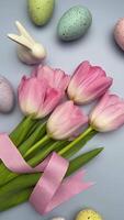 Tulips tied with ribbon near easter eggs and bunny on pastel background video