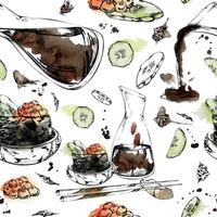 Japanese food, gunkan sushi with raw fish salmon caviar, cucumber slices in ceramic bowl, soy sauce, chopsticks, hand drawn in watercolor, ink. Seamless pattern for restaurant, cafe menu, recipe book vector