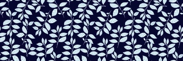 Elegant seamless pattern featuring blue leaves and branches on a dark navy background. Perfect for wallpaper, textile design, wrapping paper, and botanical-themed creative projects. vector