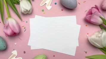 Easter eggs with blank cards, tulips, and colorful eggs video