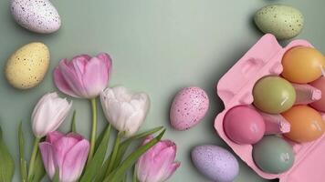 Easter eggs and tulips stop motion animation on pastel green background video