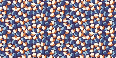 Seamless pattern featuring abstract petal like shapes in orange, blue, and white on a navy background. Modern, playful, and stylish, ideal for textiles, wallpapers, and branding. vector