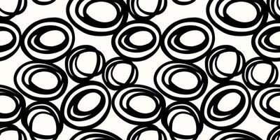 Seamless abstract pattern featuring hand drawn black circular shapes on a white background. Simple ornament print for modern textiles, gift wrapping, wallpapers, branding, and stationery design. vector